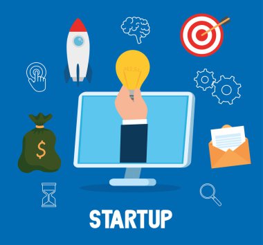 Bilgisayarda el ele tutuşan ampul simge ayarlı vektör tasarımını başlat