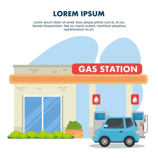 ガソリンスタンドと青い車のベクトルデザイン — ストックベクタ