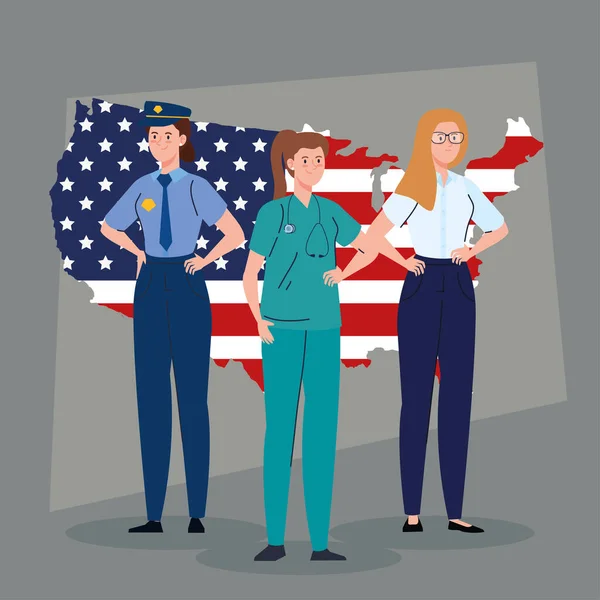 Medico di polizia donna e donna d'affari con disegno vettoriale mappa bandiera USA — Vettoriale Stock