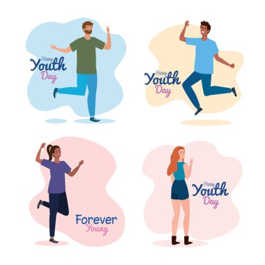 Kadınlar ve erkekler mutlu gençlik günü vektör tasarımına gülümsüyor.