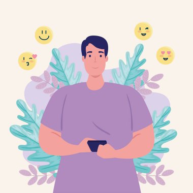 Akıllı telefon konuşmaları ve emoji vektör tasarımı olan bir adam
