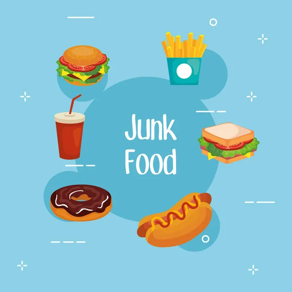 Junk food no projeto de vetor de fundo azul — Vetor de Stock