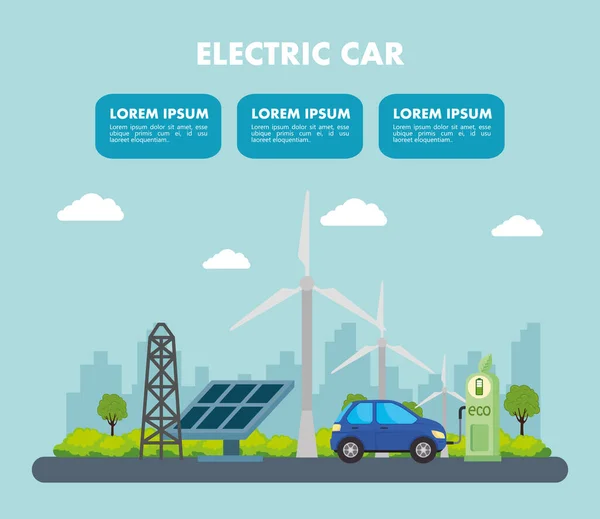 带太阳能电池板站的蓝色电动车和风车矢量设计 — 图库矢量图片