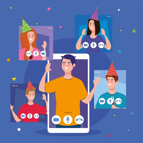 Mann auf Smartphone und Leute mit Party-Hüten auf Bildschirmen — Stockvektor