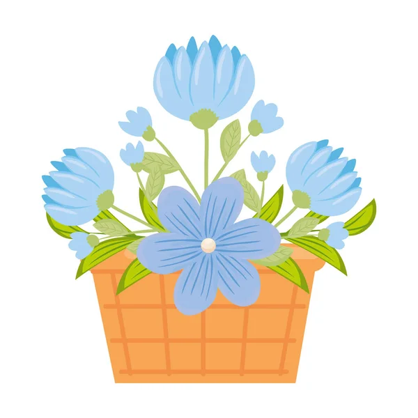 Flores azules con hojas dentro de la cesta vector de diseño — Archivo Imágenes Vectoriales