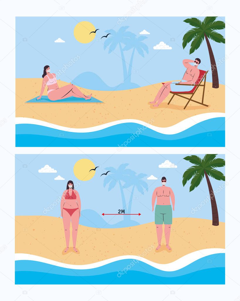Social distancing between boys and girls with medical masks at the beach vector design