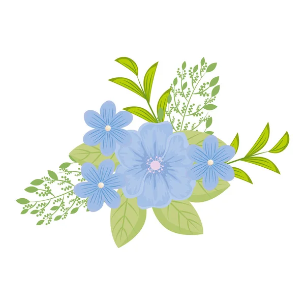 Blaue Blüten mit Blättern Vektor-Design — Stockvektor