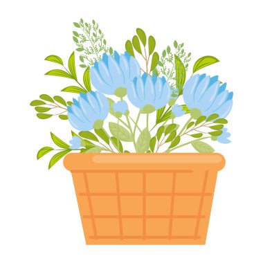 Sepet vektör tasarımında yaprakları olan mavi çiçekler