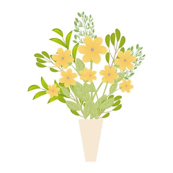 Yellow flowers with leaves inside vase vector design — Stock Vector
