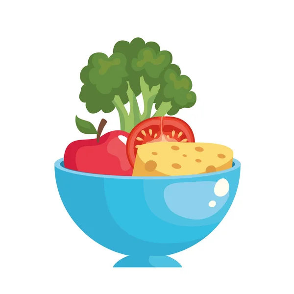 Tomat brokoli keju dan apel di dalam desain vektor mangkuk - Stok Vektor