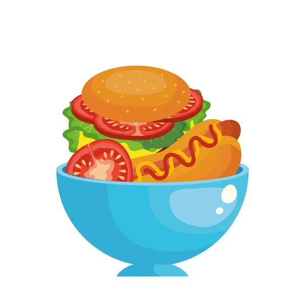 Hamburger hot dog and tomato inside bowl vector design — Stock Vector