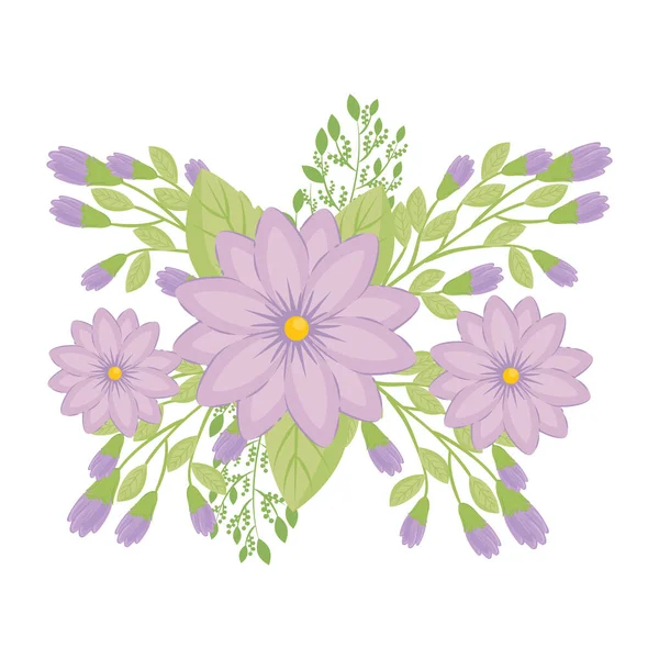 Purple flowers with leaves vector design — Stock Vector