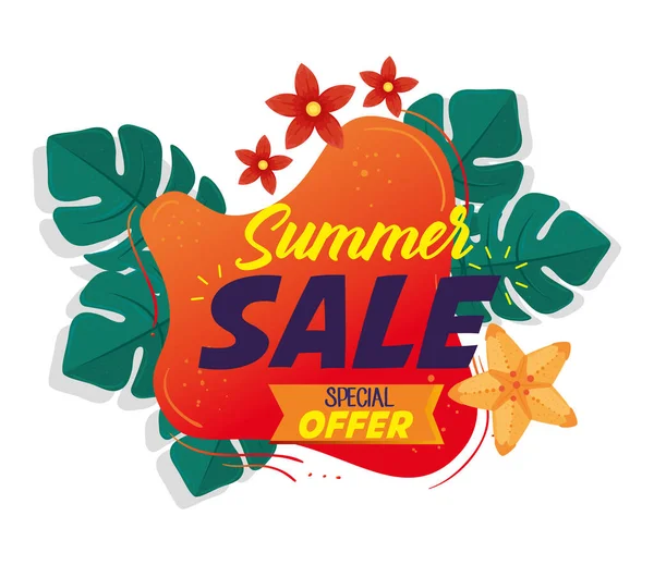 Banner de venda de verão, cartaz de desconto de temporada com flores e folhas tropicais, convite para fazer compras com etiqueta de oferta especial de venda de verão — Vetor de Stock