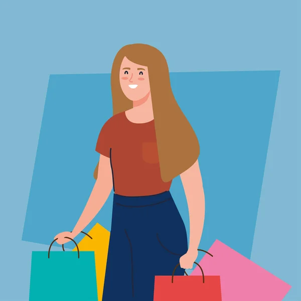 Szczęśliwa kobieta niesie torby na zakupy, młoda kobieta trzyma torby na zakupy — Wektor stockowy