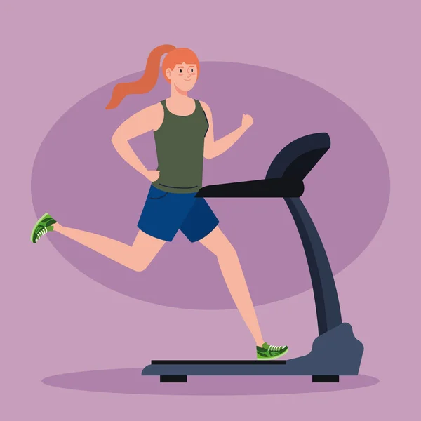 运动，妇女在跑步机上跑步，体育人员在电动训练机 — 图库矢量图片