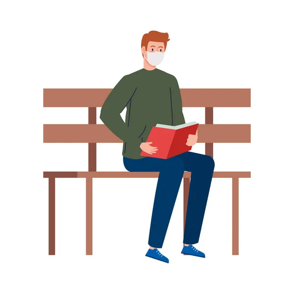 Man wearing medical mask reading book, sitting in park chair on white background — Stock Vector