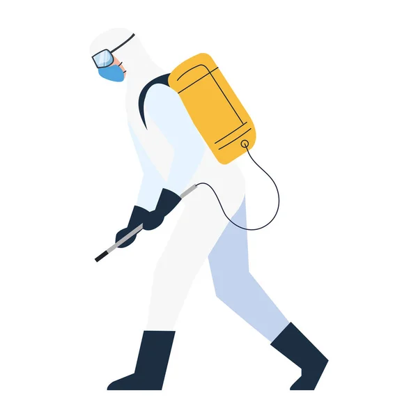 Persona en traje de protección o ropa, aerosol para limpiar y desinfectar el virus, covid 19 enfermedad sobre fondo blanco — Archivo Imágenes Vectoriales