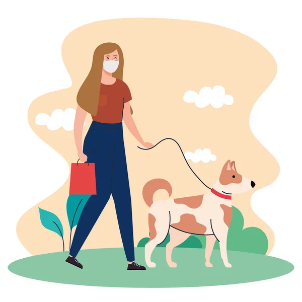 Mulher vestindo máscara médica, andando com cão de estimação na trela ao ar livre — Vetor de Stock