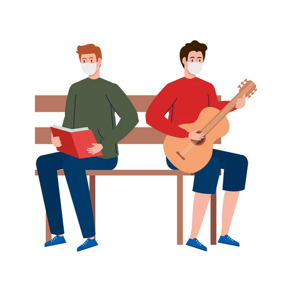 Men wearing medical mask reading book and playing guitar, sitting in park chair — Stock Vector