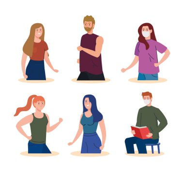 Beyaz arka planda CVid 19 'a karşı tıbbi koruyucu maske takan insanlar