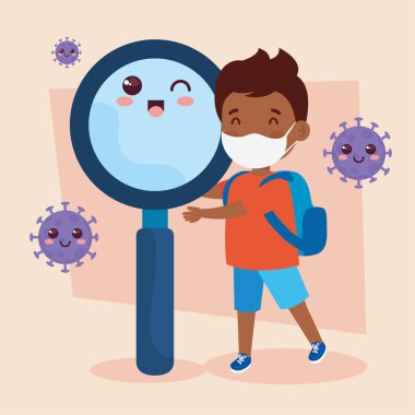 Büyüteçle Coronavirus Covid 19 'u önlemek için tıbbi maske takan yakışıklı afro çocuk.