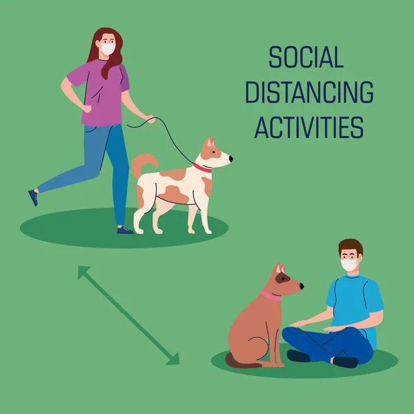 Actividades de distanciamiento social, pareja con perros, mantener la distancia en la sociedad pública para proteger de covid 19 — Archivo Imágenes Vectoriales