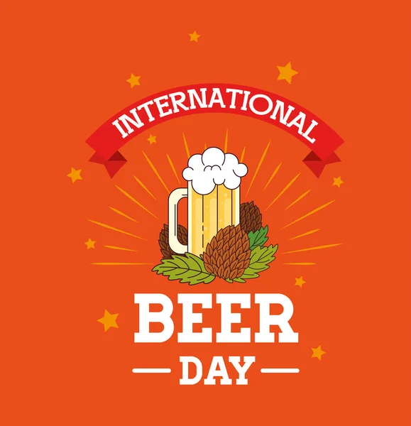 Διεθνής ημέρα μπύρας, Αύγουστος, κούπα ποτήρι μπύρας με σπόρους λυκίσκου — Διανυσματικό Αρχείο