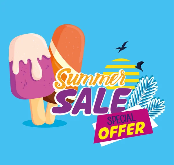 Banner de venta de verano, cartel de descuento temporada con helados, invitación para ir de compras con etiqueta oferta especial — Archivo Imágenes Vectoriales