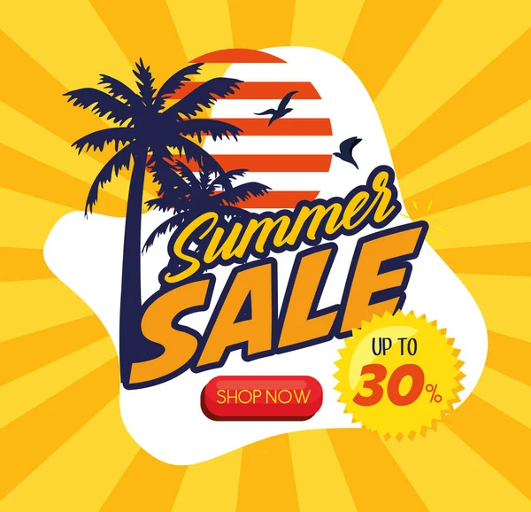 Sommerschlussverkauf-Banner, Saisonrabatt-Plakat mit Palmen, Einladung zum Einkauf mit bis zu dreißig Prozent Etikett, Aktionsausweis — Stockvektor