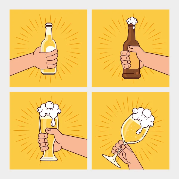 Mãos segurando garrafas, vidro e xícara de cervejas, no fundo amarelo —  Vetores de Stock