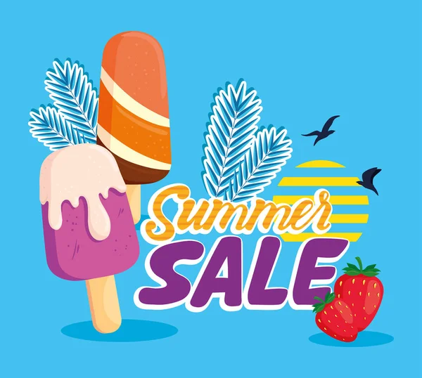 Banner de venta de verano, cartel de descuento temporada con helados y fresa, invitación para ir de compras con etiqueta de venta de verano, tarjeta de oferta especial — Archivo Imágenes Vectoriales