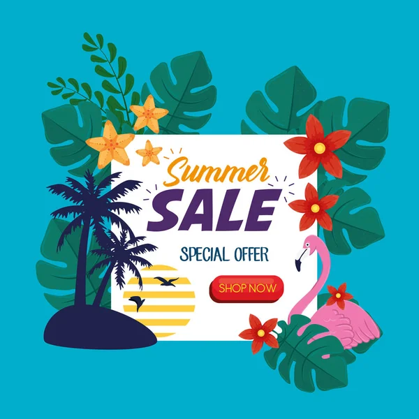 Banner de venda de verão, cartaz de desconto de temporada com flamengo, flores e folhas tropicais convite para fazer compras com venda de verão etiqueta de oferta especial — Vetor de Stock