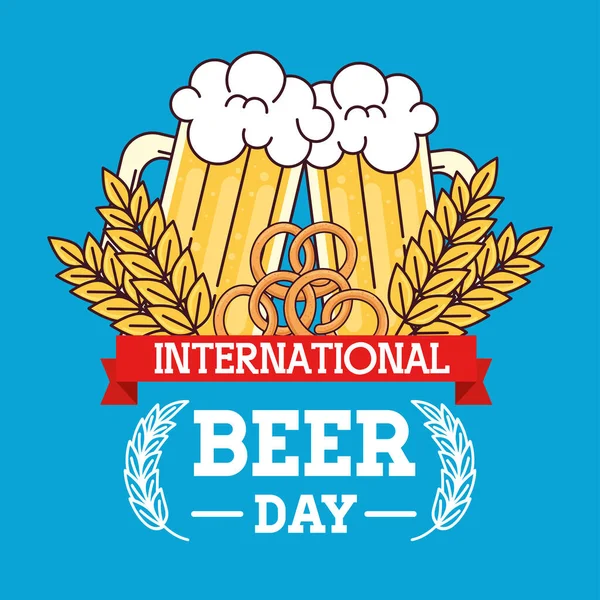 Διεθνής ημέρα μπύρας, Αύγουστος, κούπες ποτήρι μπύρα και ακίδα με pretzel — Διανυσματικό Αρχείο