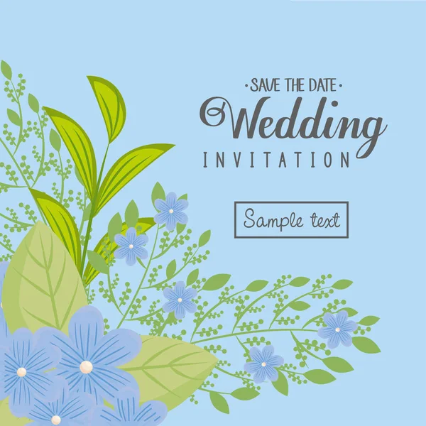Hochzeitseinladung mit blauen Blumen und Blättern Vektor-Design — Stockvektor