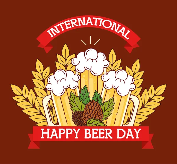 Διεθνής ημέρα μπύρας, Αύγουστος, κούπες μπύρας και σπόρων λυκίσκου — Διανυσματικό Αρχείο