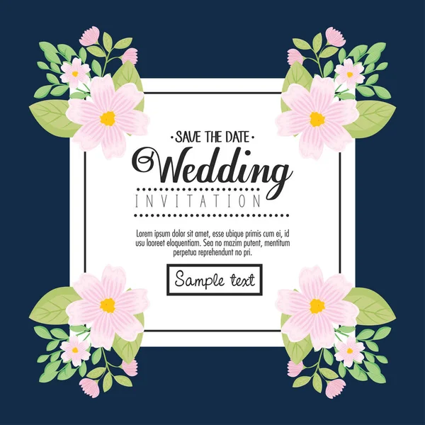 Πρόσκληση γάμου με λευκά λουλούδια και φύλλα vector design — Διανυσματικό Αρχείο