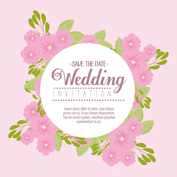 Zaproszenie ślubne z różowymi kwiatami i pozostawia projekt wektora — Wektor stockowy