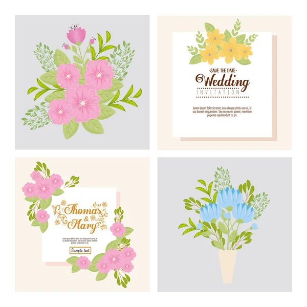 Προσκλήσεις γάμου με λουλούδια και φύλλα vector design — Διανυσματικό Αρχείο