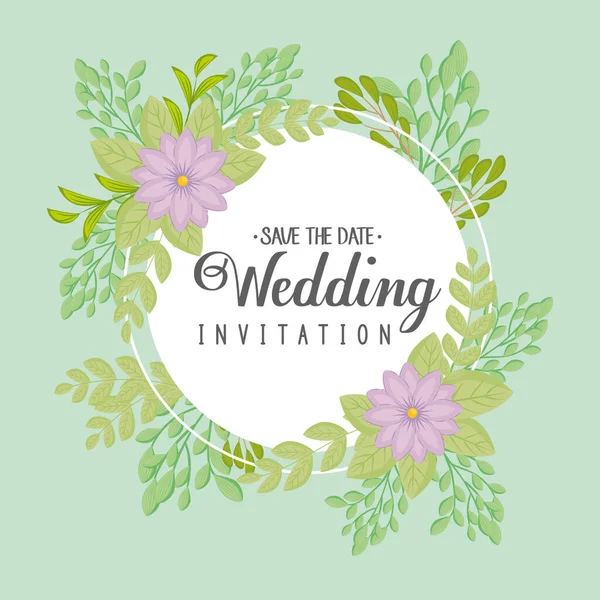 Wedding invitation with purple flowers and leaves vector design — Stock Vector