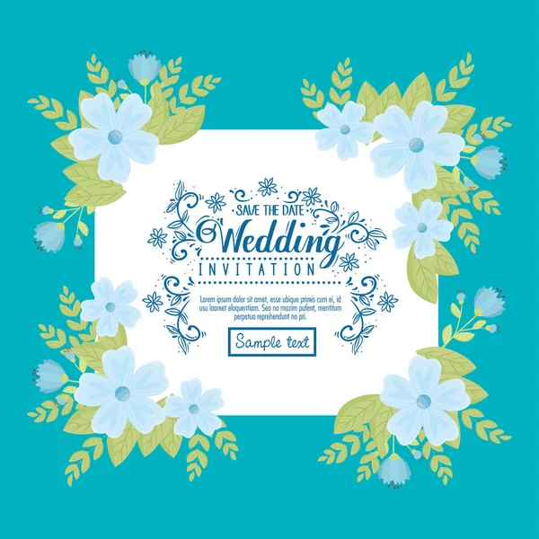 Convite de casamento com flores azuis e folhas design vetorial — Vetor de Stock