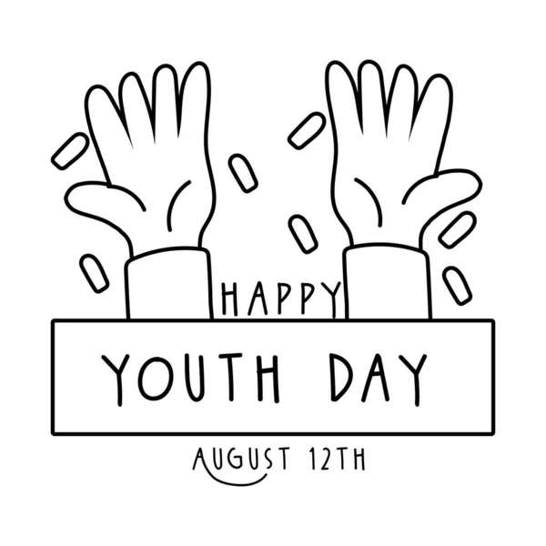 Felice giornata della gioventù lettering con le mani simboli linea stile — Vettoriale Stock