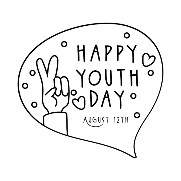 Счастливый день молодежи буквы в речи пузырь и руки мира и любви стиль линии — стоковый вектор
