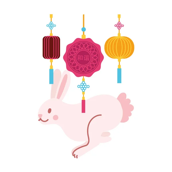 Carte festival mi-automne avec lapin et dentelle suspendue icône de style plat — Image vectorielle