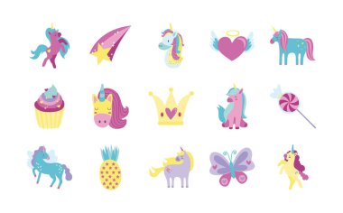 Peri masalı tek boynuzlu at sürüsü simgeleri