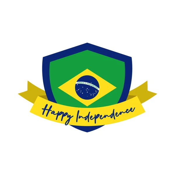 Feliz día de la independencia de Brasil tarjeta con bandera en escudo — Vector de stock