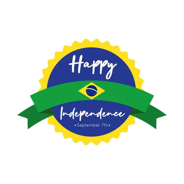 Feliz día de la independencia de Brasil tarjeta con bandera y marco de cinta de estilo plano — Vector de stock
