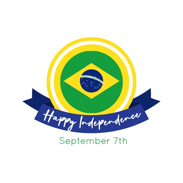 Feliz día de la independencia de Brasil tarjeta con bandera y marco de cinta de estilo plano — Vector de stock