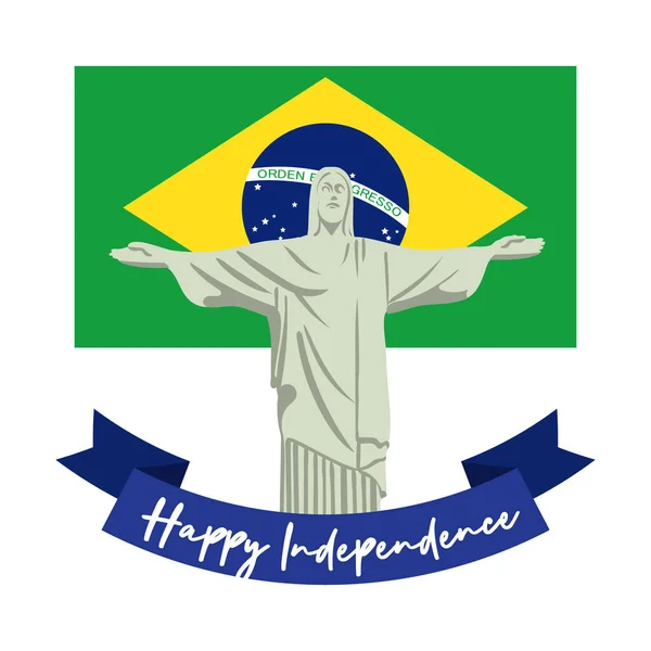 Feliz día de la independencia de Brasil tarjeta con corcovade Cristo estilo plano — Vector de stock