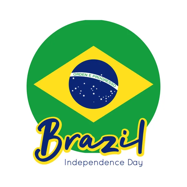 Felice giorno dell'indipendenza carta brasiliana con sigillo bandiera stile piatto — Vettoriale Stock