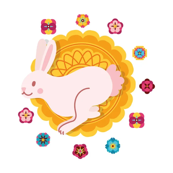 Mid autumn festival card with rabbit and lace flat style icon — Stock Vector